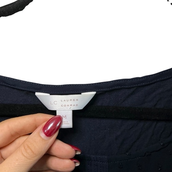 Lauren Conrad Navy Swiss Dot Long Sleeve Blouse Sheer Sleeve Feminine Chic - Picture 4 of 4